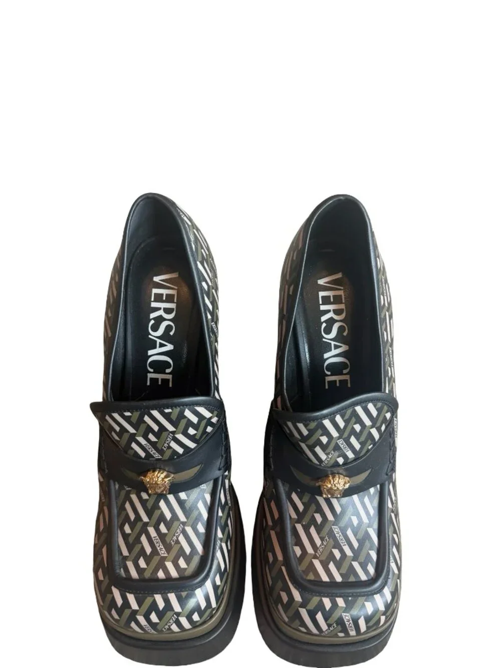Versace La Greca Print Platforms Loafers Juno Gold Medusa Logo Designer Size 40